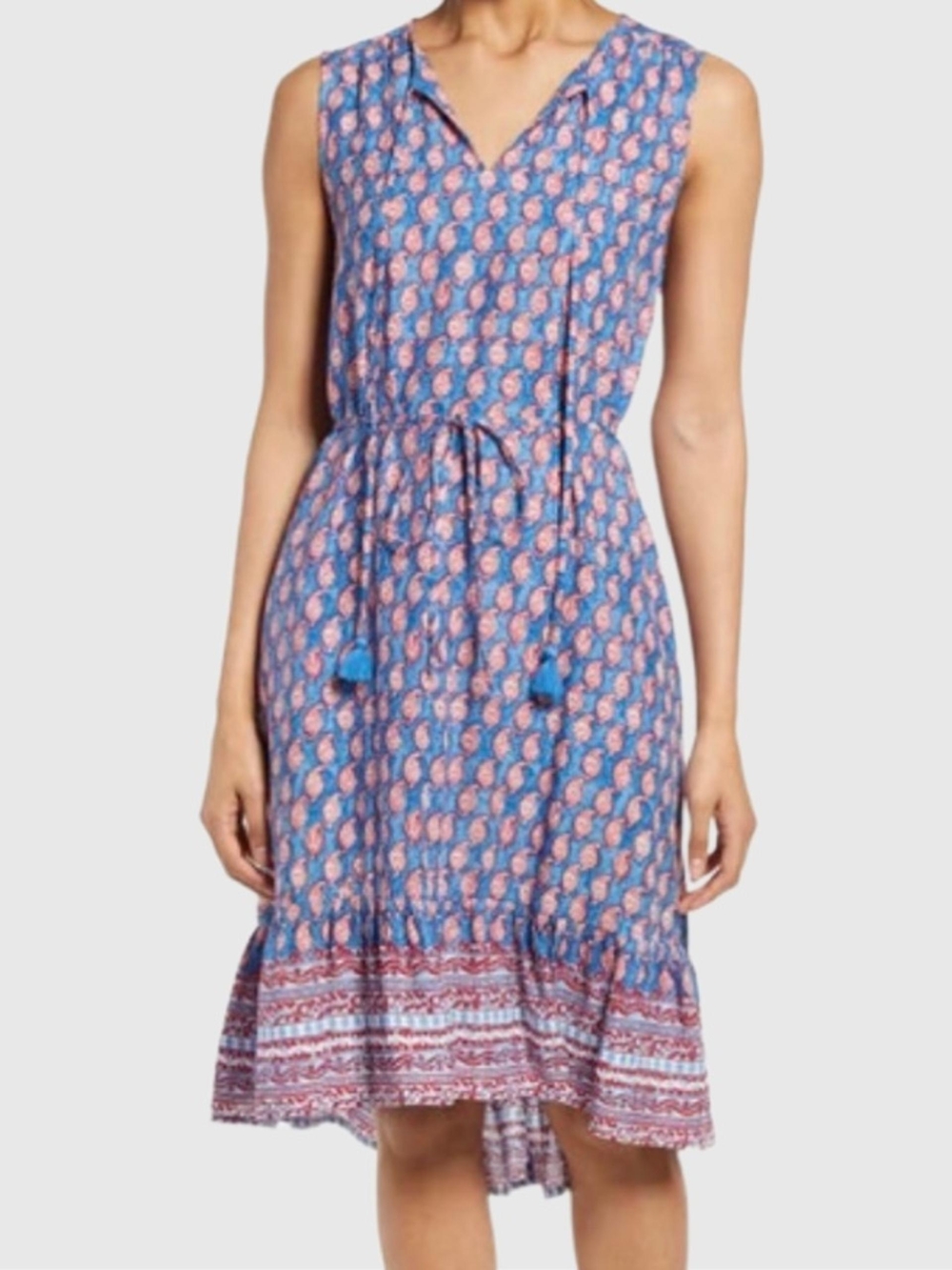 beachlunchlounge Blue & Pink Printed Sleeveless Drawstring Midi Dress